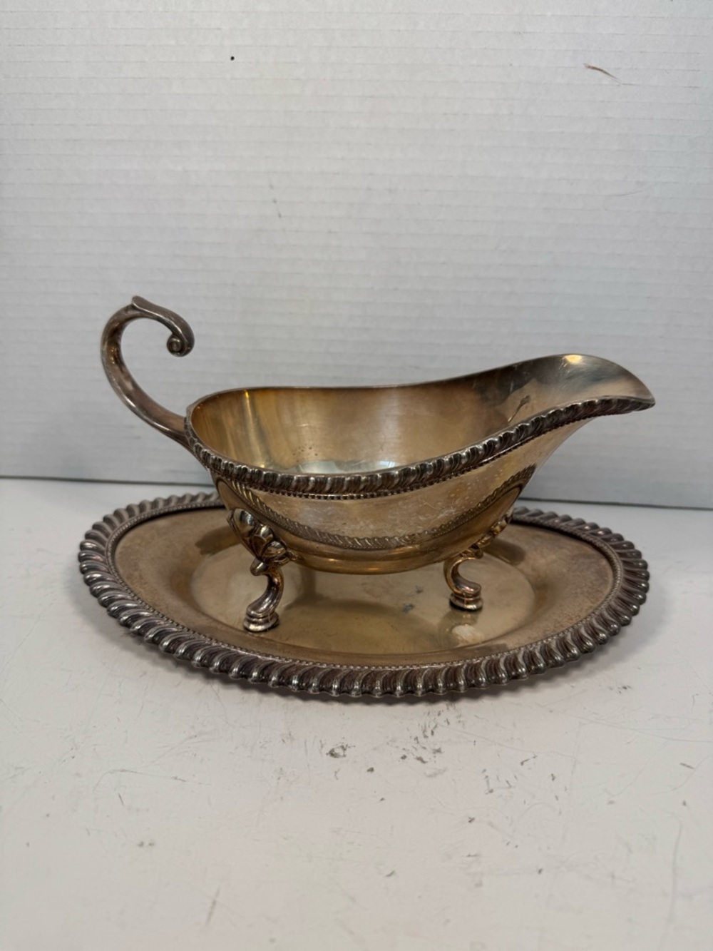 Vintage Crescent Silver Plate Gravy Boat Attached Base 3158PS